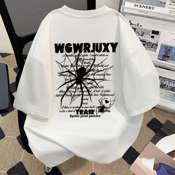 Short Sleeve T-shirt Men's Versatile Designer Designer Shirt Hoodie Trendy Brand Spider Print American High Street Hong Kong Style Heavyweight Pure Cotton Summer