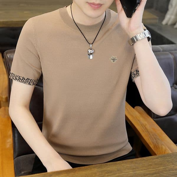 Men's Short Sleeve Ice Silk Knitted T-shirt Round Neck Simple Solid Color Designer Designer Shirt Hoodie Feeling Men's New Style Youth Embroidered Slim Fit Shirt