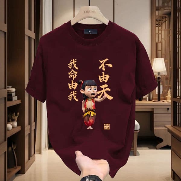 Nezha 2025 New Year New Style Clothes Pure Designer Shirt Cotton Short Sleeve Creative National Trend Animation Designer Hoodie Print Men's Half Sleeve T-shirt