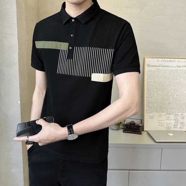 High-end Spliced Polo Shirt Designer Hoodie Men Ice Silk Turn-down Designer Shirt Collar Short Sleeve T-shirt 2025 Summer New Trendy Brand Slim Fit Half Sleeve Men