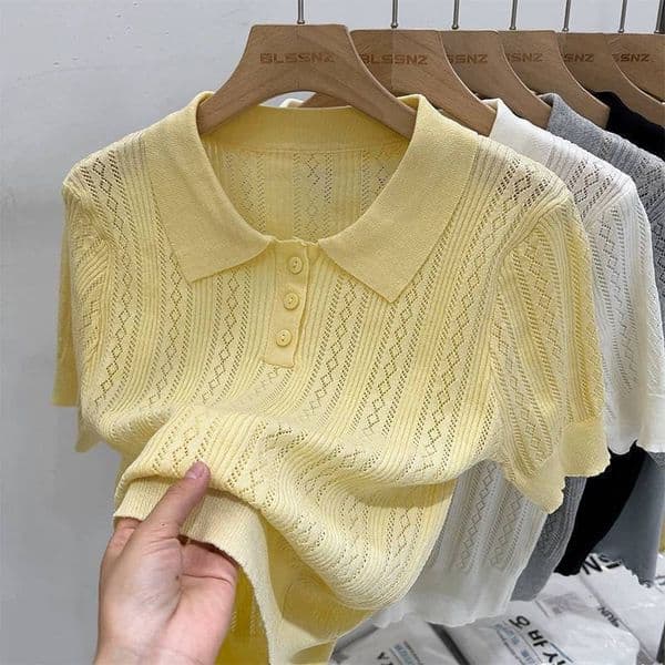 Polo Shirt With Hollow Out Collar Short Sleeve Knitted Top For Women Summer 2025 New Unique Designer Hoodie Niche Designer Shirt Half Sleeve Yellow Top