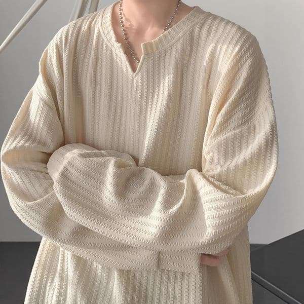 Textured V-neck Long Designer Hoodie Sleeve T-shirt Designer Shirt For Men Loose Fit Spring And Autumn Youth Casual Top High-end Trendy Base Layer