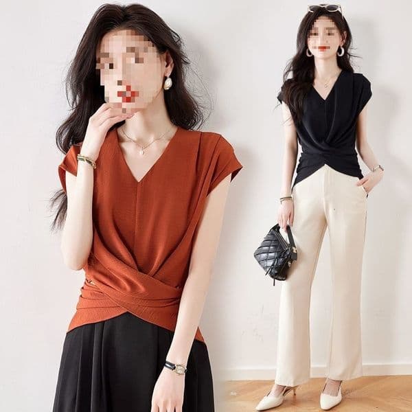 This Year's Trendy Designer Shirt Designer Hoodie Chic Unique Stunning Small Shirt Melad Color V-neck Sleeveless Waist-cinching Shirt Women's Summer T-shirt