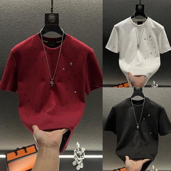 2025 Spring Short Sleeve Men's Top Heavy Craft Light Luxury High-end Meteor Designer Hoodie Full Diamond T-shirt Men's Round Designer Shirt Neck Half Sleeve Tee