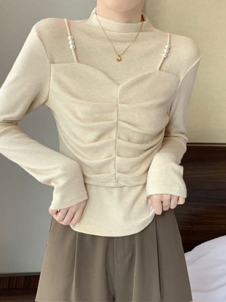 Plus Size Two-piece Regular Shoulder Long Sleeve Shirt For Women Spring Designer Hoodie Slim Designer Shirt Fit Design Half High Collar Base Shirt Apricot Color
