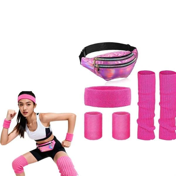 80s women's exercise set neon warm leg, headband, wrist strap and waist bag set, 80s yoga and running accessories