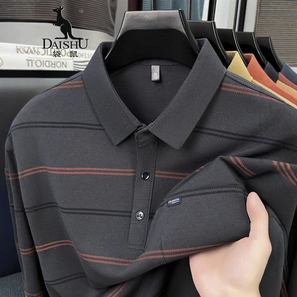 Kangaroo 2025 Autumn Men's Long Sleeve T-shirt Designer Designer Shirt Hoodie Striped Turn-down Collar Loose Casual Dad's Autumn Polo Shirt