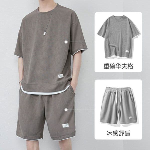 Waffle Casual For Men Summer Youth Men's Designer Shirt Sports Short Sleeve Designer Hoodie Shorts Matching Heavyweight