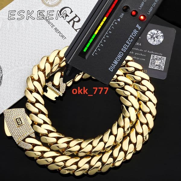 Eskeem Luxury Iced Out Cuban Link Necklace 610mm 14K Gold Plated Monaco 925 Silver VVS Moissanite Clasp Smooth Finish Chain