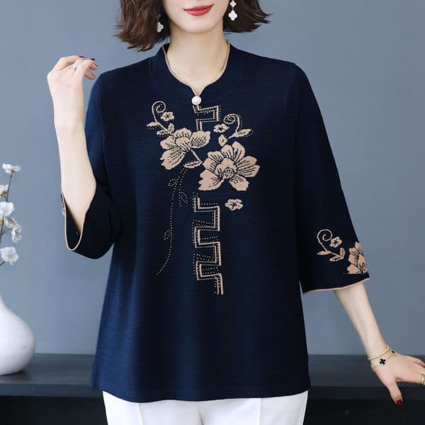 Middle-aged Mom Spring And Designer Shirt Autumn Tops Elderly Ice Silk T-shirt Plus Size Large Women's Fashionable Designer Hoodie Knitted Base Shirt