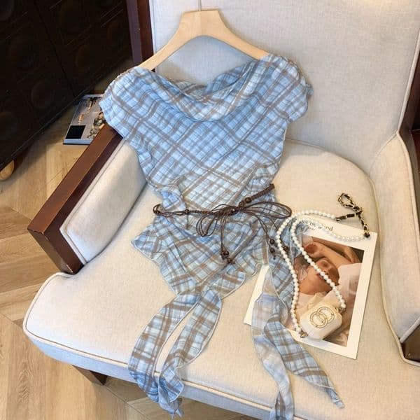 Real Shot Plaid Color-block Sweet Versatile T-shirt For Women Summer Designer Hoodie New Irregular Ribbon With Belt Designer Shirt Loose Sleeveless Top