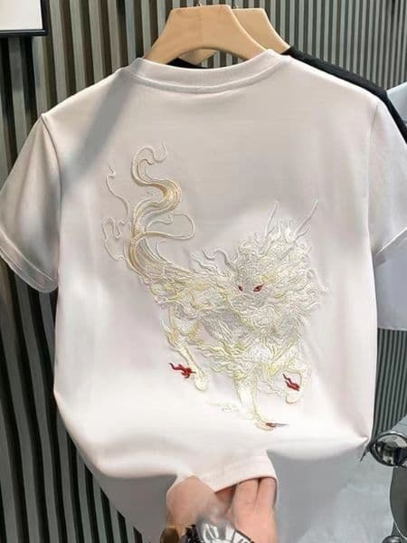 European Trendy Designer Hoodie Brand National Trend Heavy Craft Kirin Designer Shirt Embroidery Light Luxury Men's T-shirt Short Sleeve Celebrity Half Sleeve Tee