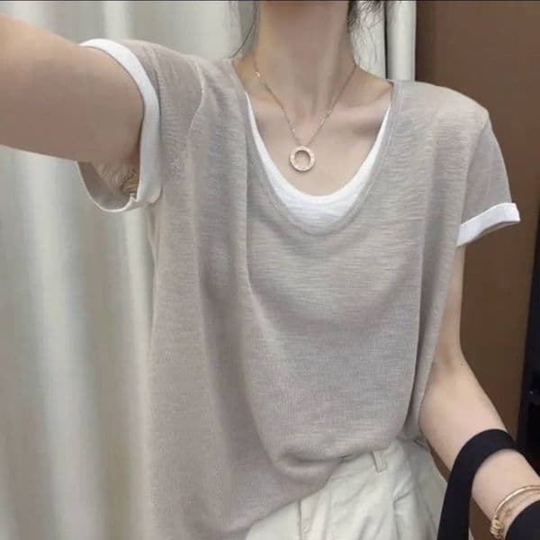 Korean Style Summer Thin Collared Short Sleeve Patchwork Top Two-piece Loose Slimming Color-block Designer Hoodie New Shirt Designer Shirt For Women In Apricot