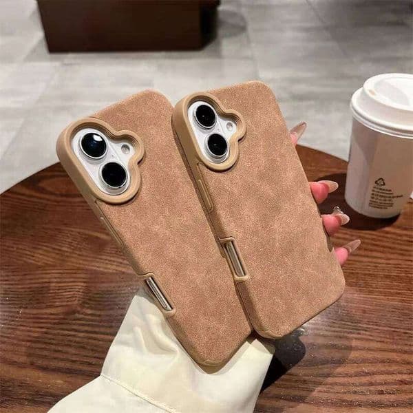 Brown Suede Leather Matte Phone Case For iPhone 17 16 Pro Max 15 14 Plus 13 12 11 Solid Color Fabric Vintage Bumper Cover