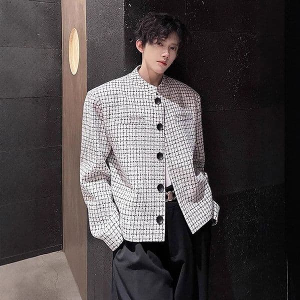 Designer Jacket Men Jacket Little Style Spring And Autumn Shoulder Pad Plaid Short Blazer For Men Trendy Versatile Stand Collar Loose Jacket Small Suit