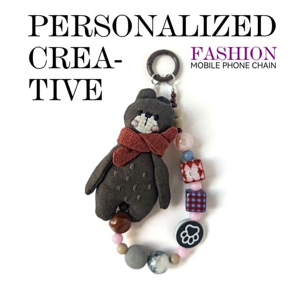 Bear-shaped phone charm with scarf, featuring a mix of creative beads for a versatile, stylish look. Anti-loss design for easy carrying.