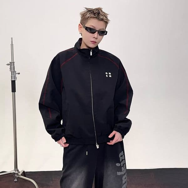 Minimalist Color-block Letter Embroidery Zipper Stand Jacket Men Designer Jacket Collar Raglan Jacket For Men And Women New Loose Trendy Brand Top For Autumn