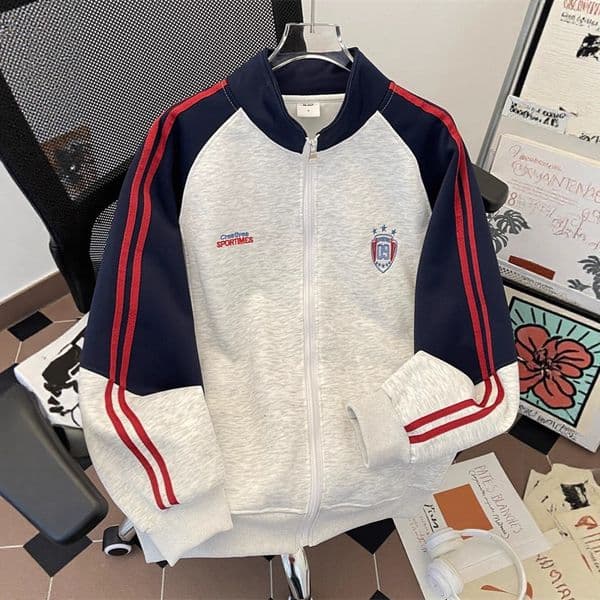 American Style Designer Shirt Color Block Raglan Sleeve Cardigan Designer Hoodie Sweatshirt Designer Hoodie Men Spring Trendy Loose Designer Shirt Stand Collar