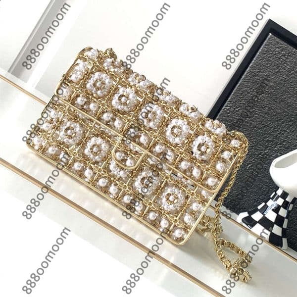 Free Shipping Mirror Quality Designer Mini Evening Flap Bag 17cm Womens Rhinestone Pearl Clutch s Handbags Metal Purse Crossbody Shoulder Gold Chain Box Bags