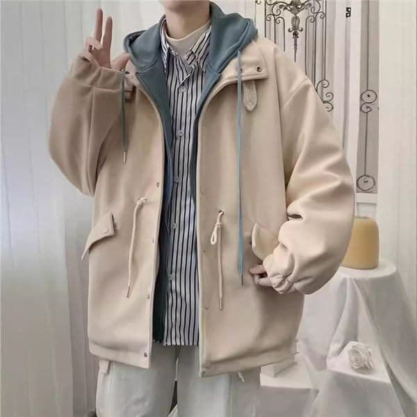 Autumn Winter Jacket Men New Fake Two-piece Hooded Jacket For Men Korean Style Designer Jacket Trendy Loose Niche Youth Workwear Jacket