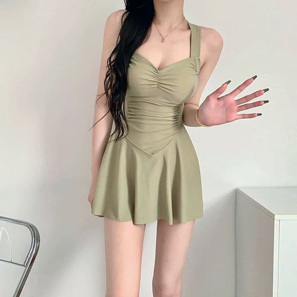 Women's One-Piece with Straps, Solid Color, Slim Fit, Sexy Backless, Cute Hot Spring Swimsuit