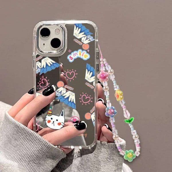 Symbol Beaded Bracelet Flower Lanyard Phone Cases For 16 Case iPhone 15 Max 12 11 14 13 Pro Soft Makeup Mirror Cover