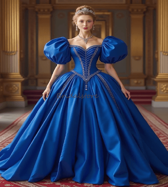 Fantasy Royal Blue Medieval Evening Dress With Puff Sleeves Ball Gown Satin Costume Renaissance Prom Dress Formal Victorian 16th Century Vestio De Fiesta 2025