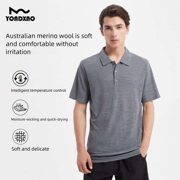 Yondxno Wool Quick-Dry T-Shirt Men's Business Casual Polo Shirt Sports Outdoor Short Sleeve 180