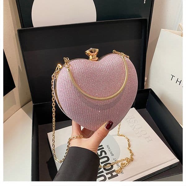Fashion High-end Textured Versatile Chain Handbag for Weddings & Evening Parties Women's Cute Heart-shaped Mini Clutch with Rhinestones