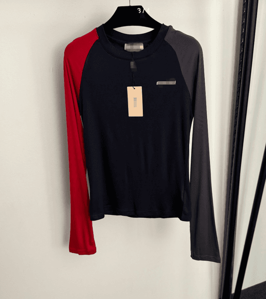 Women's base T-shirt with three color splicing and slim fit long sleeved T-shirt base, coffee color, navy blue, 1014
