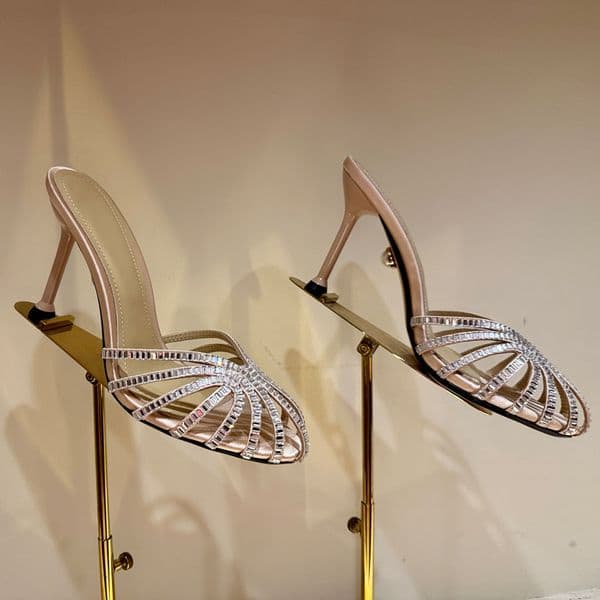 High quality Rhinestone mules heels slippers slides High-heels Sandals womens Luxury designer heels Dinner party Evening shoes Rose Burgundy