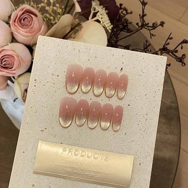 New Style Fashionable & Versatile Handmade Daily Wear Press-On Nails - Nude Pink Gradient with Gold Cat Eye & Fine Glitter, Removable