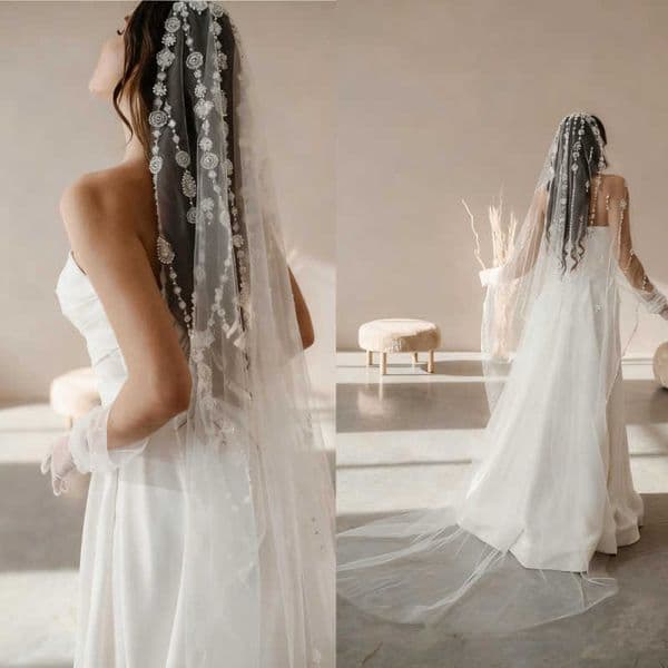 Gorgeous Pearls Wedding Veils One Layer Chapel Length Sequins Veils Beadeds Customized Wedding Accessories
