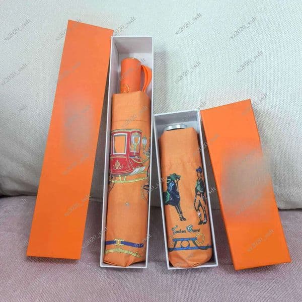 Orange carriage fully automatic folding dual-use black coating anti UV sunshade portable pocket umbrella