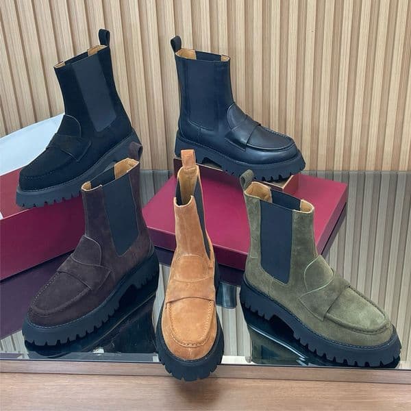 Metal button Fashion Suede Casual Platform Ankle Boots Combat Knight boots Chunky-heels Motorcycle boots Round-toes Luxury designer boots Vacation shoes