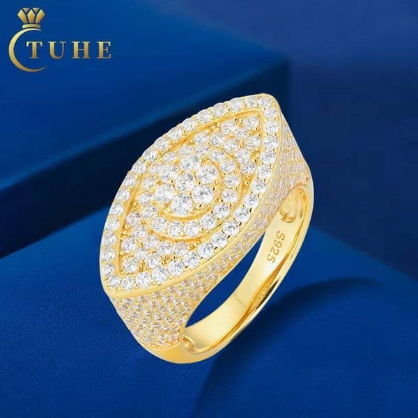 Hiphop Mens Fine Jewelry Gold Plated 925 Sterling Silver VVS Moissanite Diamond Evil Eye Ring With GRA Certificate
