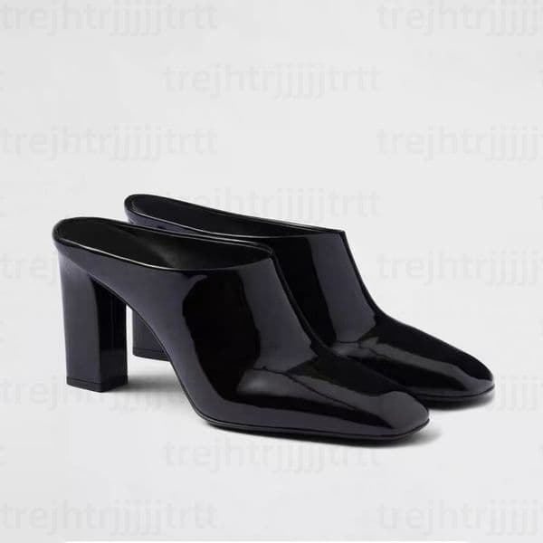 Designer high-heeled slippers slides mule High Quality Patent Leather women's chunky heel sandals luxury designer flat bottom shoe factory footwear size 34-43
