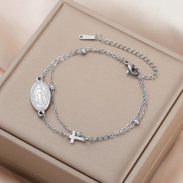 Skyrim Virgin Mary Cross Charm Bracelet Stainless Steel Double Layer Beads Chain Bracelets Religious Amulet Blessed Jewelry Gift