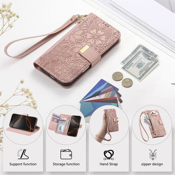 Elegant Fashion Flip Leather Case with Flower Leaf Wallet for iPhone 17 Air 17 Pro 16 e Pro Max 15 14 13 12 XS X XR Pro