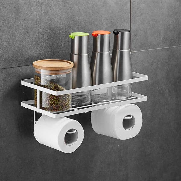 White Metal Bathroom Storage Rack, Wall - Mounted Toiletries Organizer Shelf