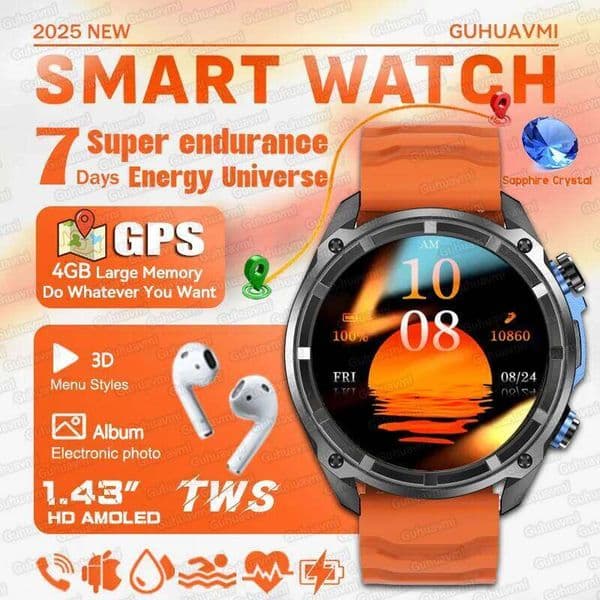 Corning Gorilla Glass 4GB Memory Local music TWS GPS Map Smartwatches Men 466*466 AMOLED 860mAh Compass Waterproof Smart Watch