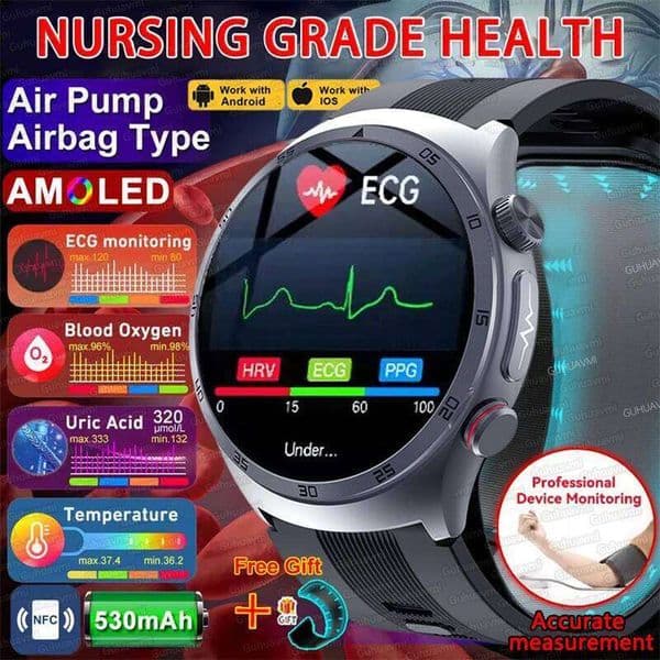 Nursing Grade Air Pump Airbag SmartWatches Men Accurate Measure Uric Acid Blood Pressure ECG Health NFC Sport SmartWatch