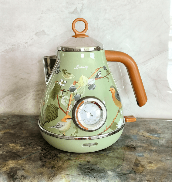 PS3013Ta Floral Painted Electric Kettle with Vintage Dial Thermometer Heater 1850W SUS304 LED 1.7L Automatic shutdown and dry cooking protection