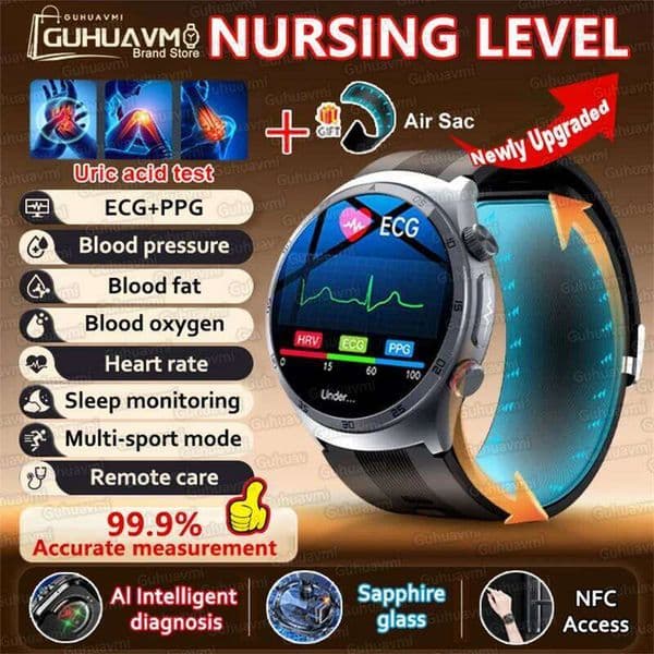 Sapphire Glass Nursing level SmartWatch Men Accurate Measurement Blood pressure Air Pump Uric Acid Sport Health NFC Smartwatches