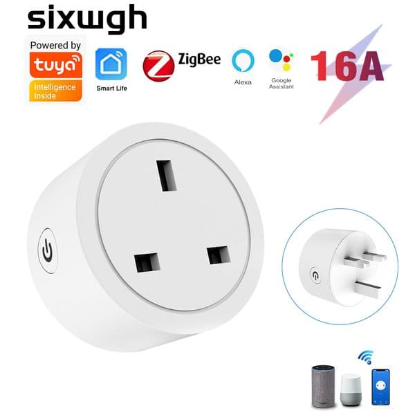 SIXWGH Tuya zigbee UK Power Socket Plug Aleax Timing Tuya Smart Life APP Wireless Remote Control Smart Power Meter Electric Plug Socket Outlet Homes 16A