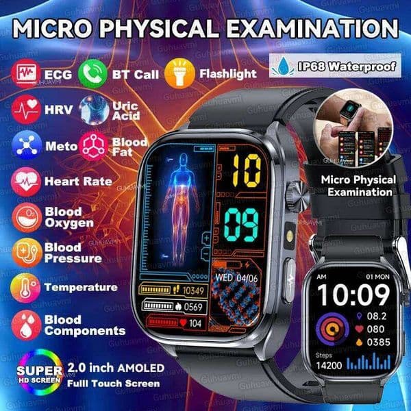 ECG+PPG AI Healthy Diagnose Smart Watch Men Lipid Uric Acid BT Call Flashlight Blood Pressure Health Smartwatch