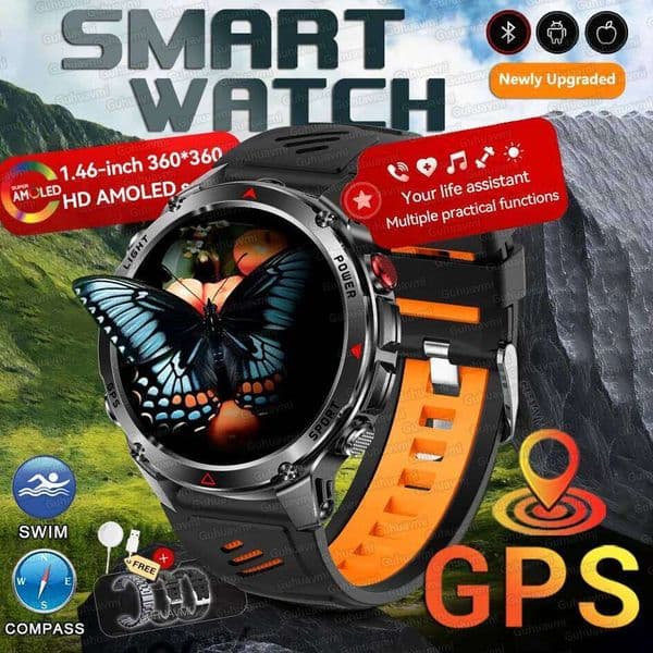 Military GPS Smart Men AMOLED HD Screen BT Calling IP69 Waterproof Compass Altitude Heart Rate Sports Watch