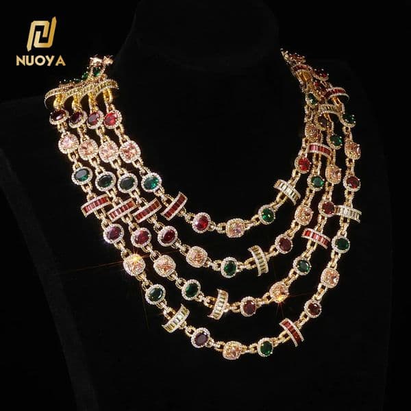 NUOYA Luxury Geometric Design Lidynamic Chain Necklace New Arrival Gold Plated Colored Moissanite Stones Hip Hop Fine Jewelry