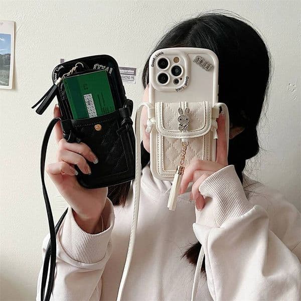 Wallet Leather Crossbody Neckband Case for iPhone 14vPro 11 12 13 Pro Max XS XR cute 3D Dia Rabbit tassel Card Holder Cover
