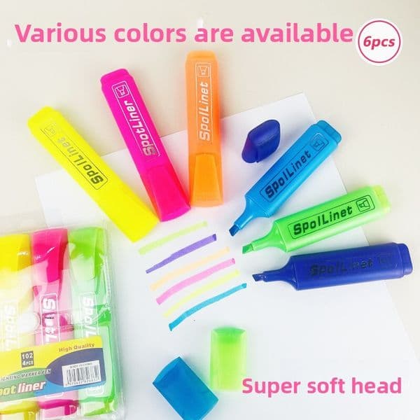 Highlighter Classic 6 Colors Slanted Colorful Marker Thick Tip Fluorescent Office Label Pen
